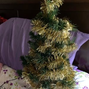 Mini lighted  Christmas tree with Garland, ornaments & topper